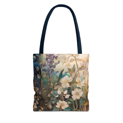 The Stained Glass Midnight Flowers Tote Bag, available in 3 sizes, features white and purple floral designs with green leaves on a soft earth-toned and teal backdrop. Made from durable polyester, it mimics stained glass artistry and includes sturdy black handles.