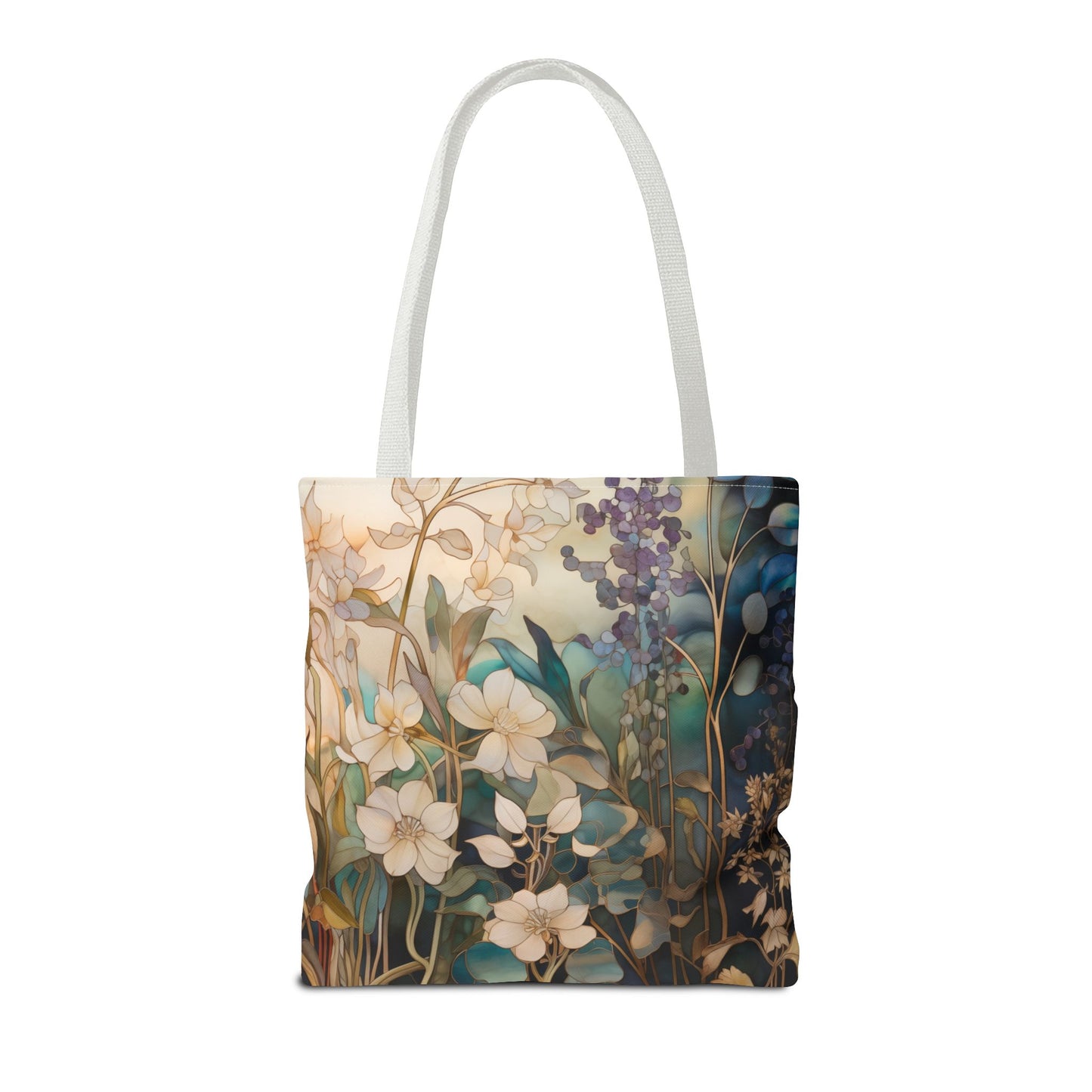 The Stained Glass Midnight Flowers Tote Bag, available in three sizes, features a vibrant design of botanical illustrations with white flowers and green foliage on a gradient background. Made from durable polyester, this tote bag beautifully captures the essence of nature in both form and function.