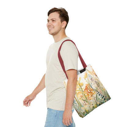 A smiling person in a light shirt and blue jeans carries the Stained Glass Fall Flowers Tote Bag with maroon polyester handles, featuring an original floral design, on one shoulder while looking to the side.