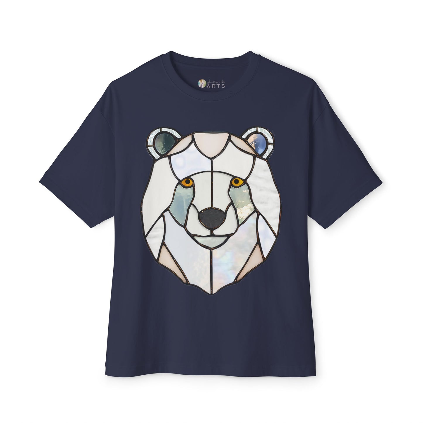 A Stained Glass Polar Bear Oversized Tee Shirt by Bella+Canvas, in navy blue, featuring a stained glass-style bear face graphic on the front, epitomizing sustainable fashion.