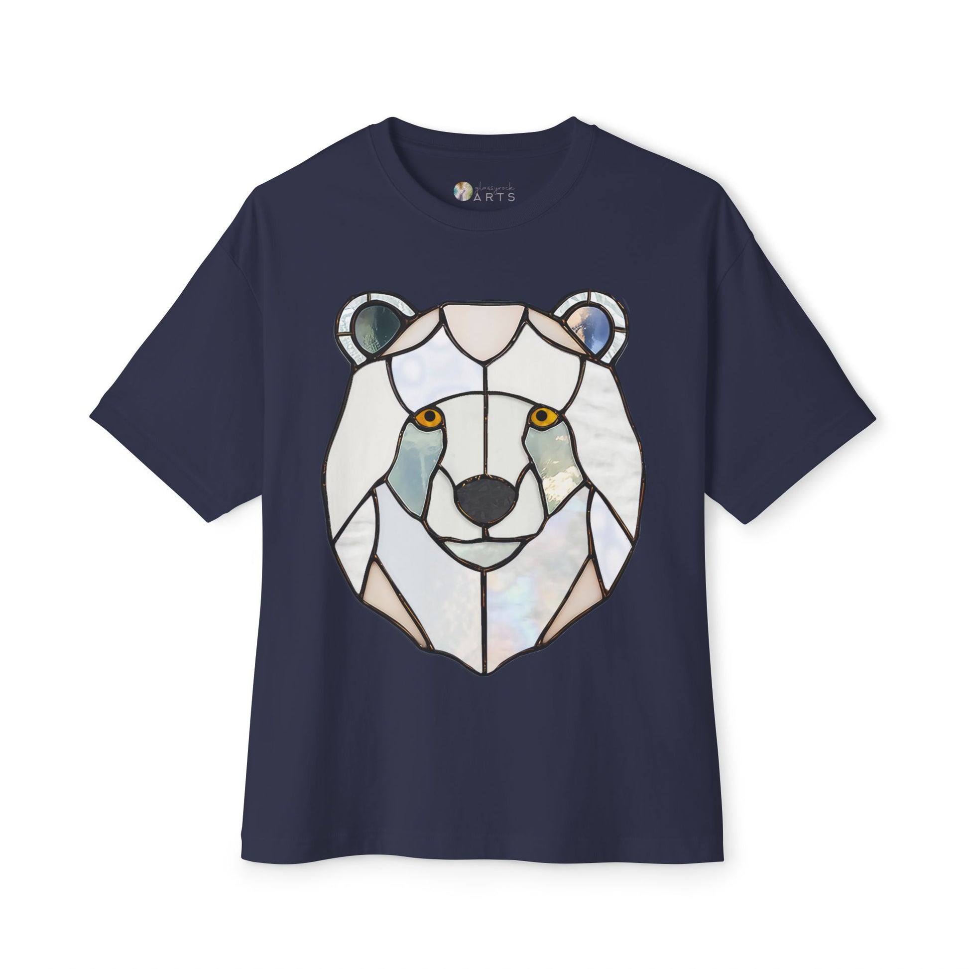 A Stained Glass Polar Bear Oversized Tee Shirt by Bella+Canvas, in navy blue, featuring a stained glass-style bear face graphic on the front, epitomizing sustainable fashion.