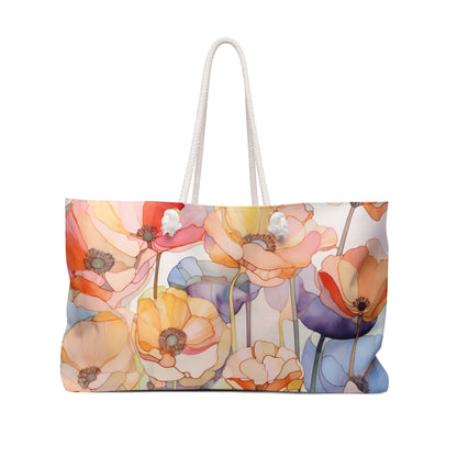 An image of the Stained Glass Rainbow Poppies Oversized Tote Bag,white rope handles, by GlassyRock Arts