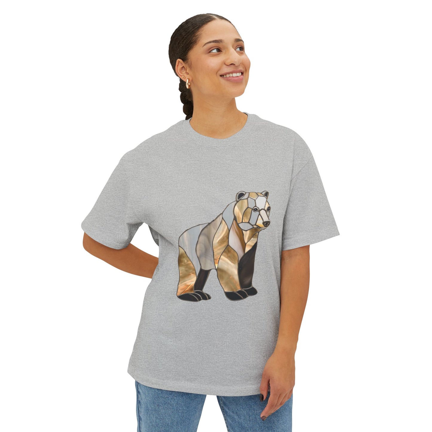 A person wearing the Stained Glass Grizzly Bear Oversized Tee Shirt, smiling and looking upwards.