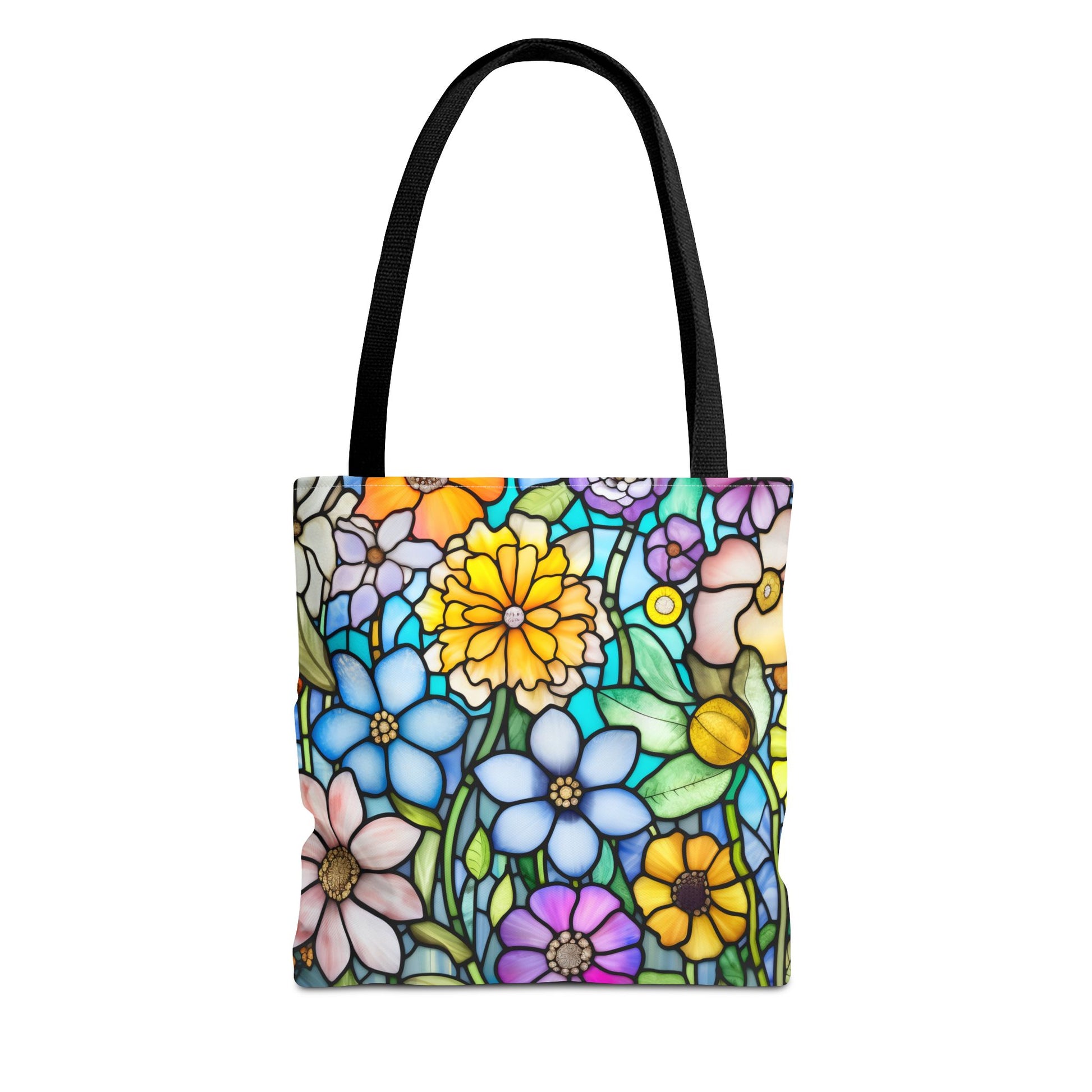 Introducing the Stained Glass Folk Art Flowers Tote Bag, available in three sizes, made from durable polyester and featuring black handles with a colorful design of various flowers and leaves.