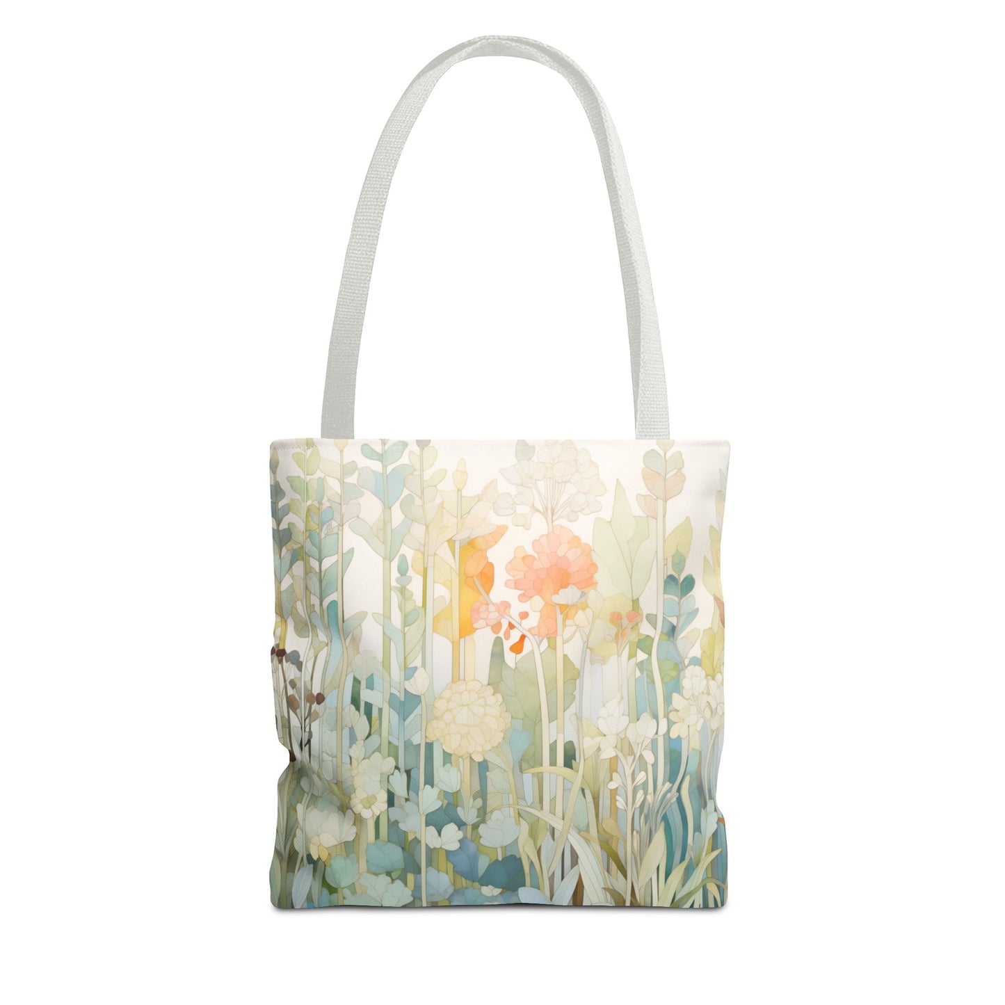 The Stained Glass Pastel Flowers Tote Bag showcases an original design of pastel flowers and leaves in ivory, peach, green, and blue on durable polyester. Its densely packed pattern exudes a soft charm, complemented by white handles. Available in 3 sizes.