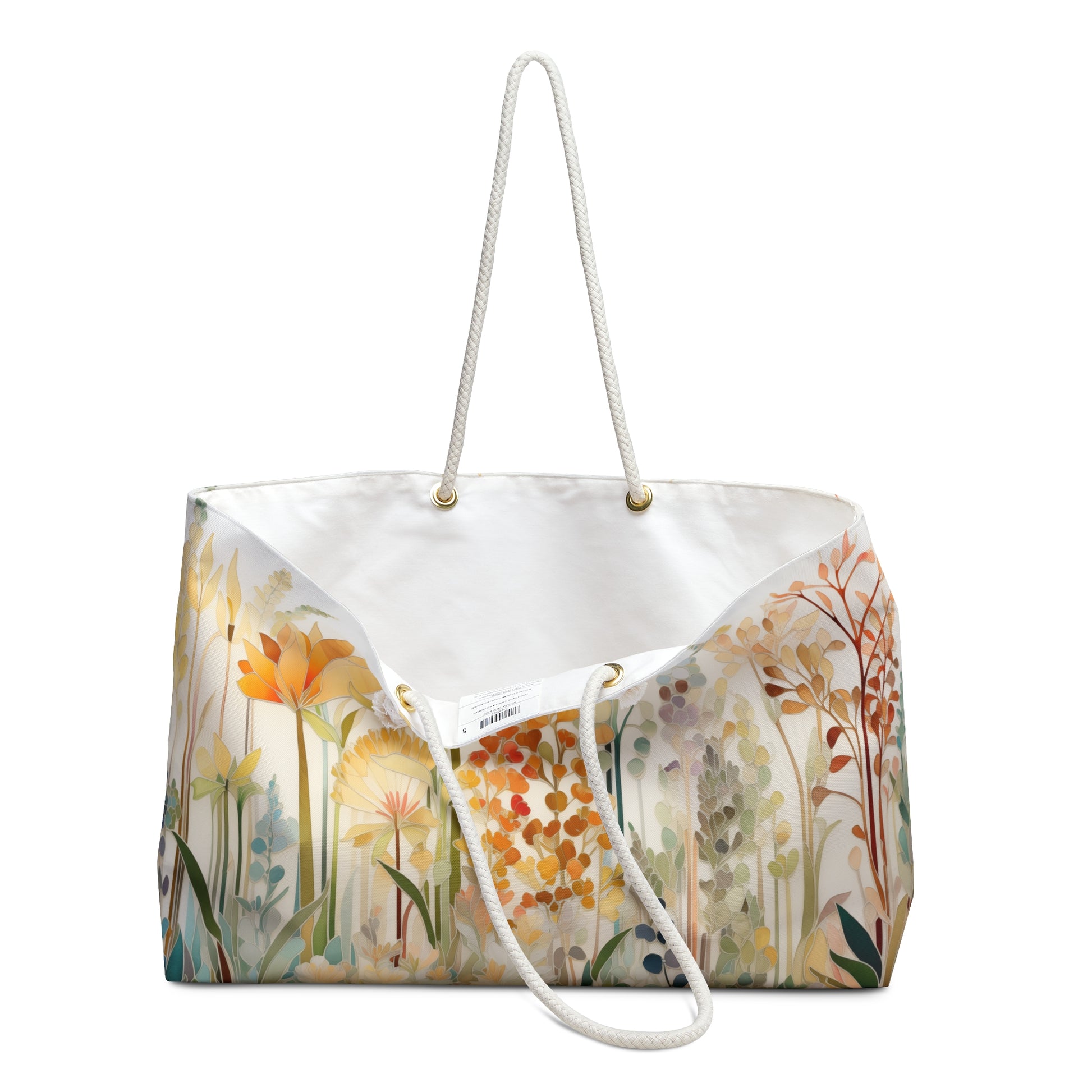 An image of the Stained Glass Fall Flowers Oversized Tote Bag,white rope handles, by GlassyRock Arts