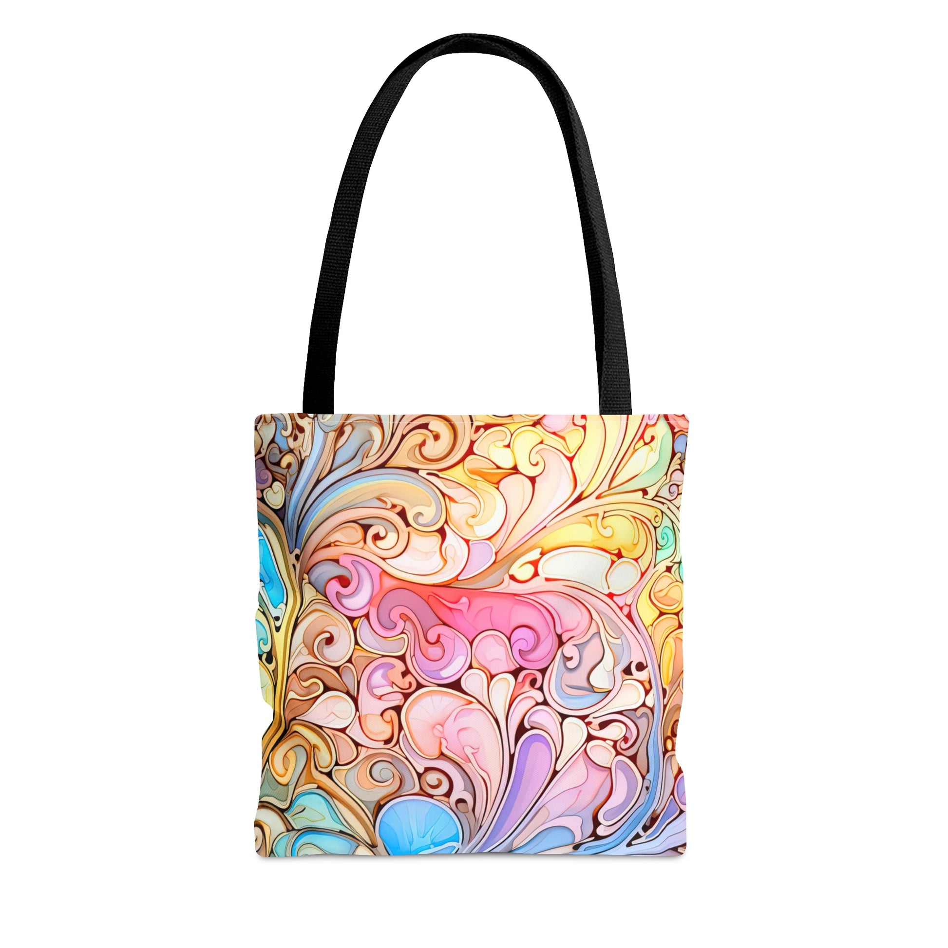 A perfect boho gift, the Rainbow Paisley Stained Glass Tote Bag comes with black handles and an intricate, multicolored swirling pattern featuring shades of pink, blue, yellow, and beige. Choose from 3 sizes!