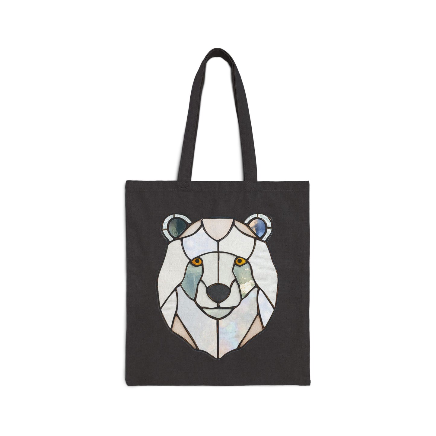 The Stained Glass Polar Bear Cotton Canvas Tote Bag features a stylized image of a long-haired dog in black outlines on the front. Crafted from durable cotton canvas, the beige tote bag has two handles for carrying.