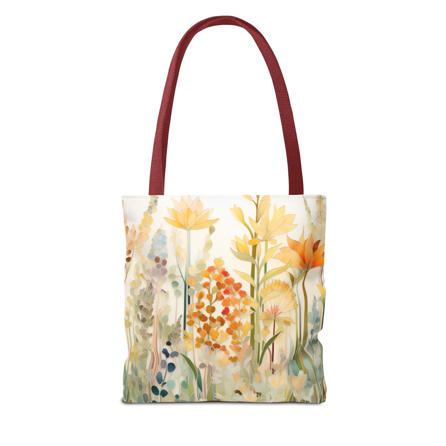 The Stained Glass Fall Flowers Tote Bag, available in three sizes, features red handles and an original artist design of a pastel floral pattern on a light background, crafted from durable polyester materials.