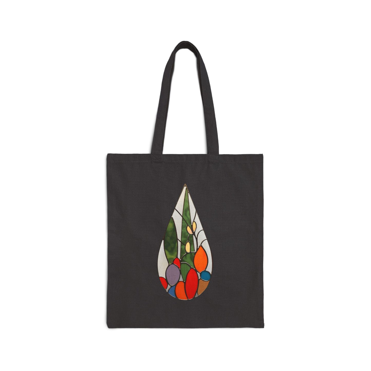 The Stained Glass Cactus Teardrop Cotton Canvas Tote Bag features a vibrant teardrop abstract design with long handles. Its pattern, inspired by Noelle Barnes stained glass style, is bursting with colors like red, green, blue, and orange.