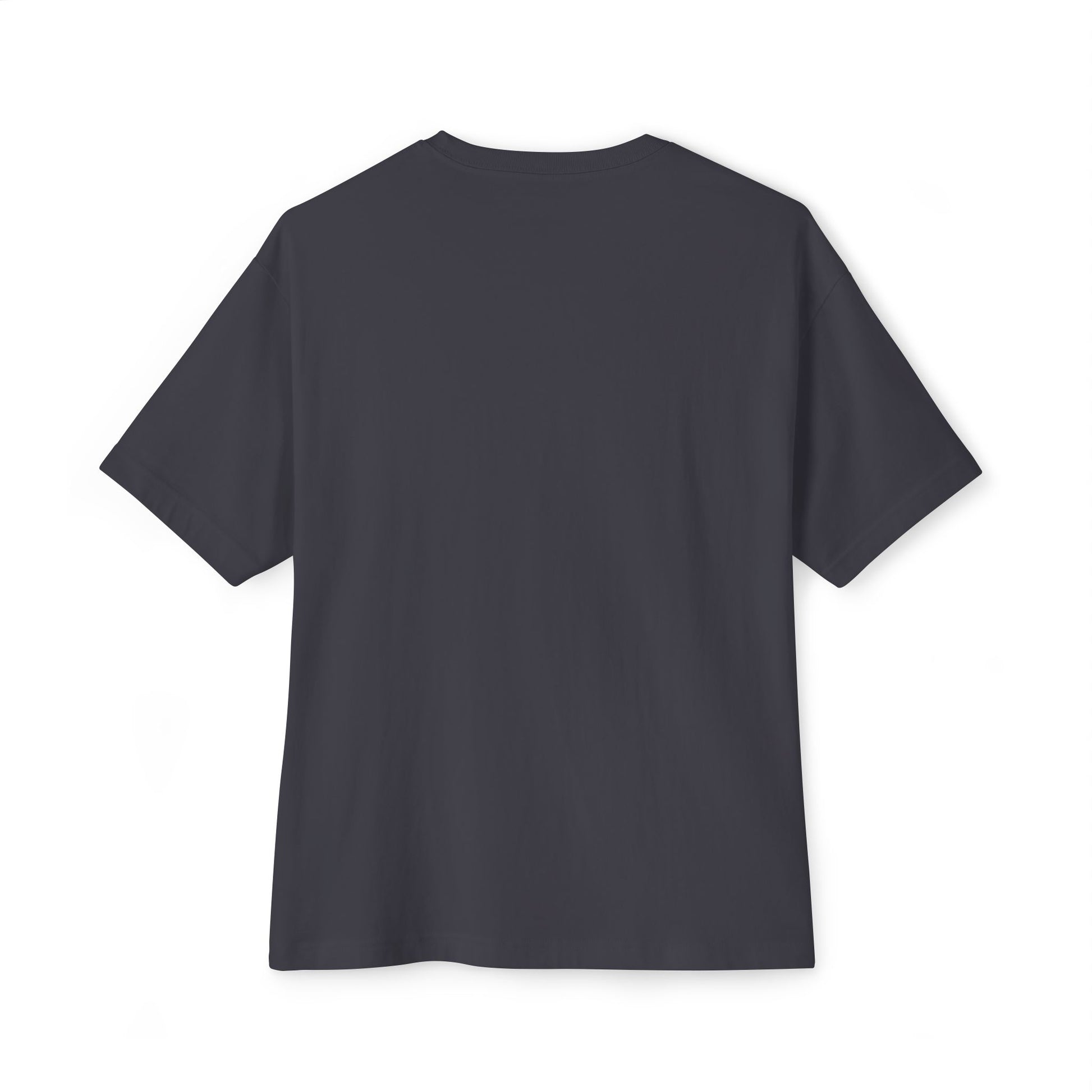 A plain, dark gray short-sleeved Stained Glass Hot Air Balloon Oversized Tee Shirt shown from the back.