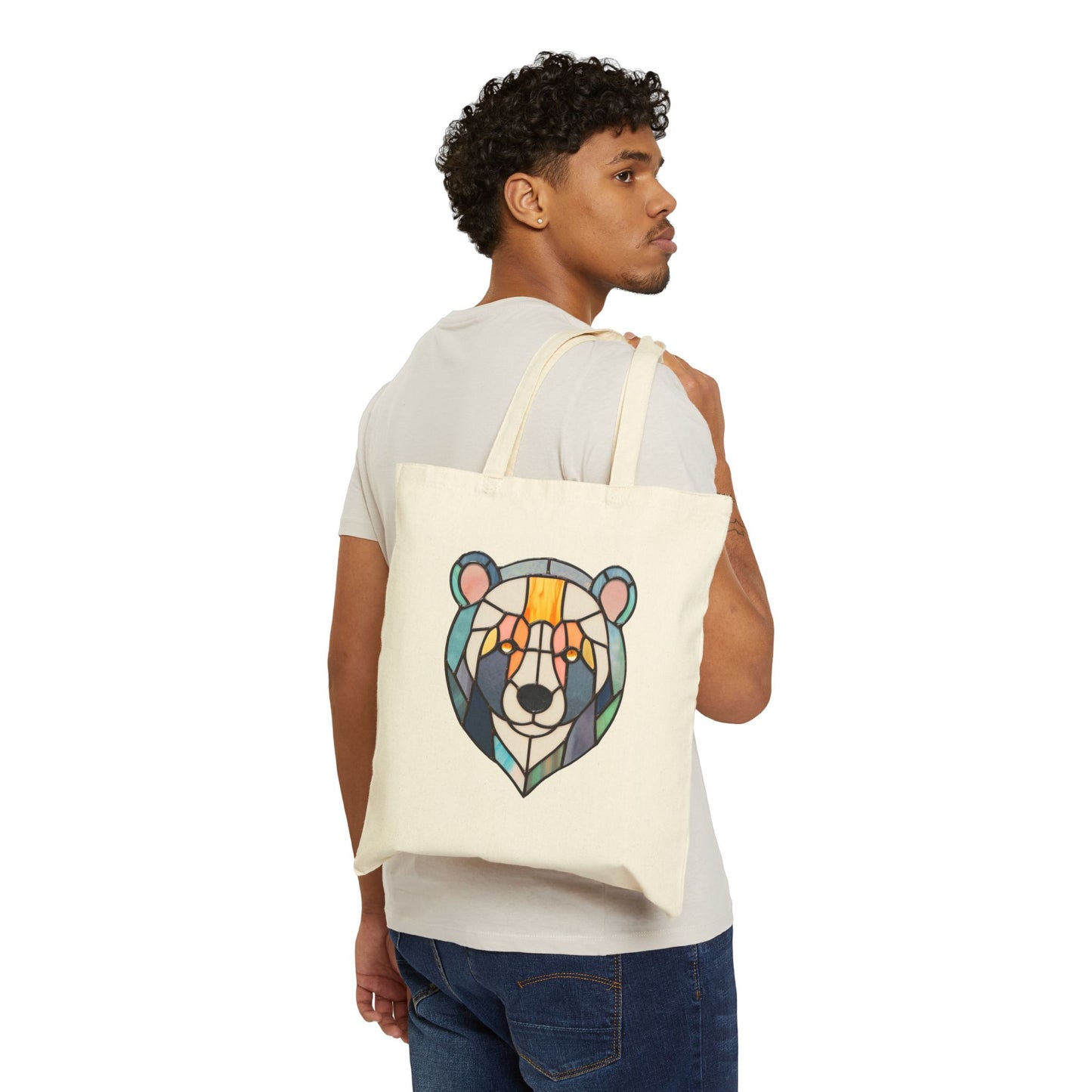 Stained Glass Patchwork Bear Cotton Canvas Tote Bag