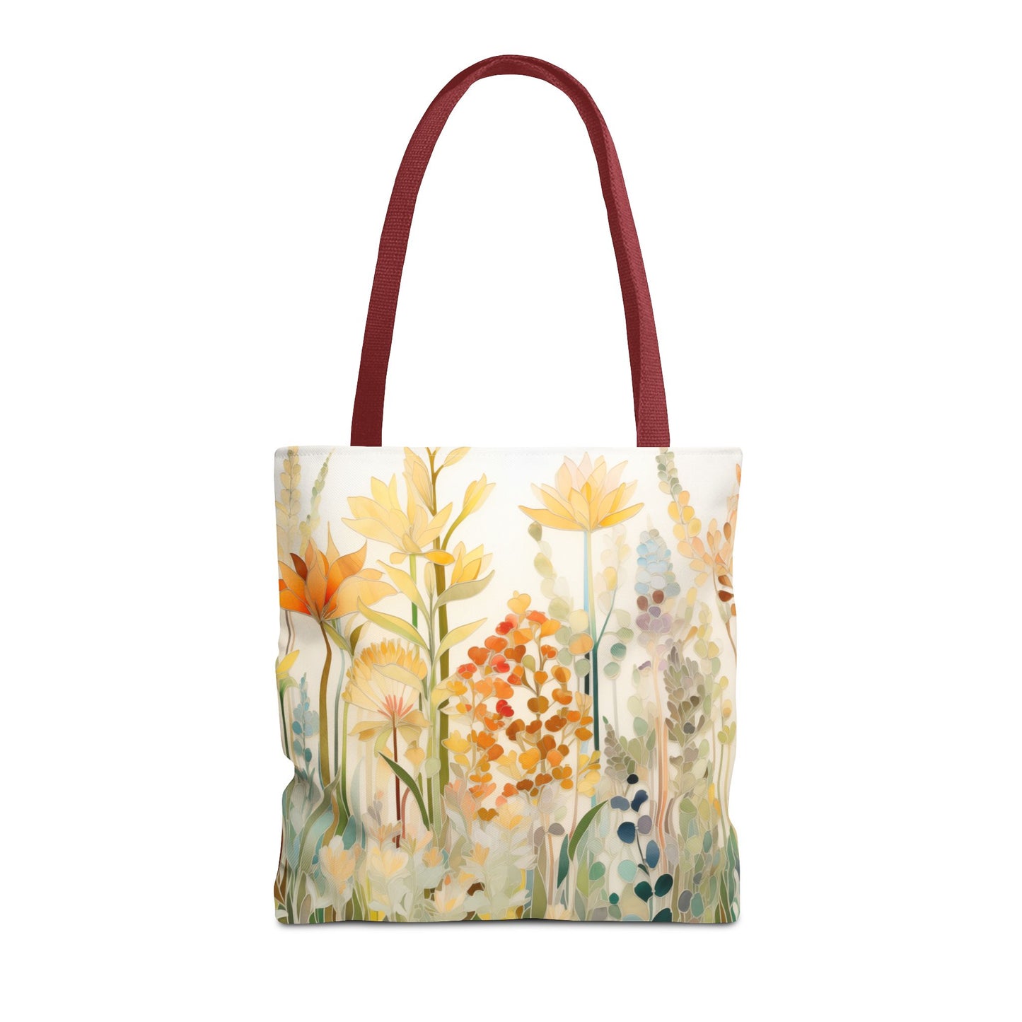 The Stained Glass Fall Flowers Tote Bag, crafted from durable polyester materials, showcases an original artist design of various colorful flowers with red handles and is displayed against a white background. The tote bag is available in three sizes.