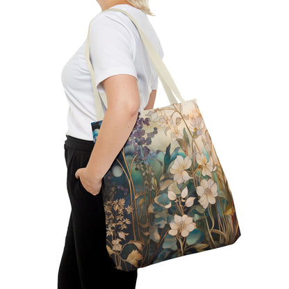 A person in a white shirt and black pants carries a Stained Glass Midnight Flowers Tote Bag, featuring a colorful floral design.