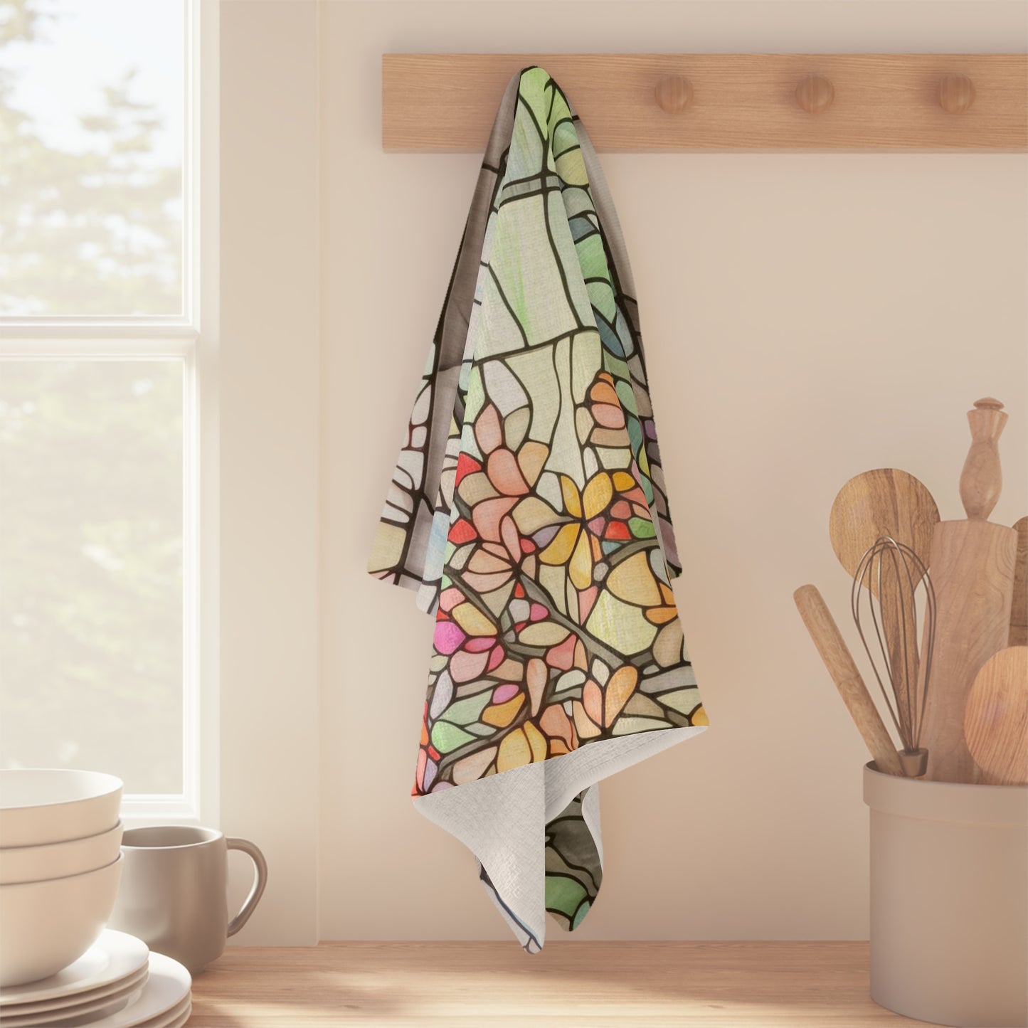 Stained Glass Spring Forest Kitchen Tea Towel - 16x25" Soft Waffle Towel