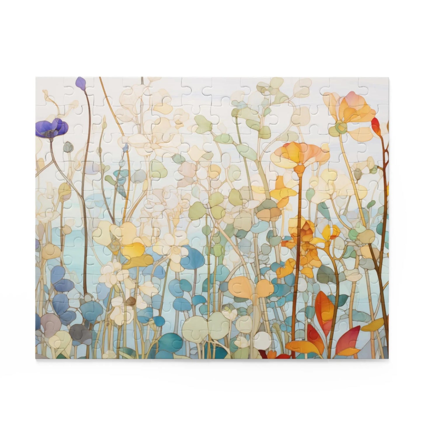 The Wildflower Botanicals Jigsaw Puzzle showcases a stained glass-inspired floral design with tall flowers in blue, orange, purple, and cream against a soft blue-to-white gradient background.