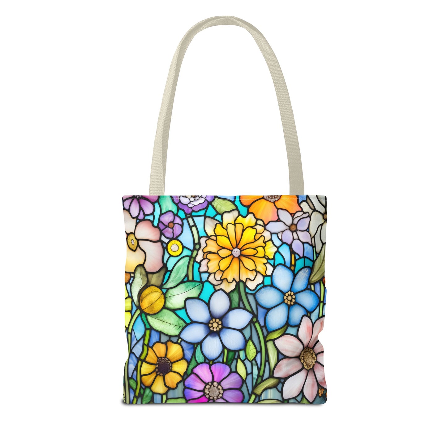 The Stained Glass Folk Art Flowers Tote Bag, available in three sizes, showcases a vibrant and original artist design of various flowers including blue, yellow, and pink blooms. This colorful tote bag with white handles is made from durable polyester materials, ensuring lasting use while adding a splash of color to any outfit.