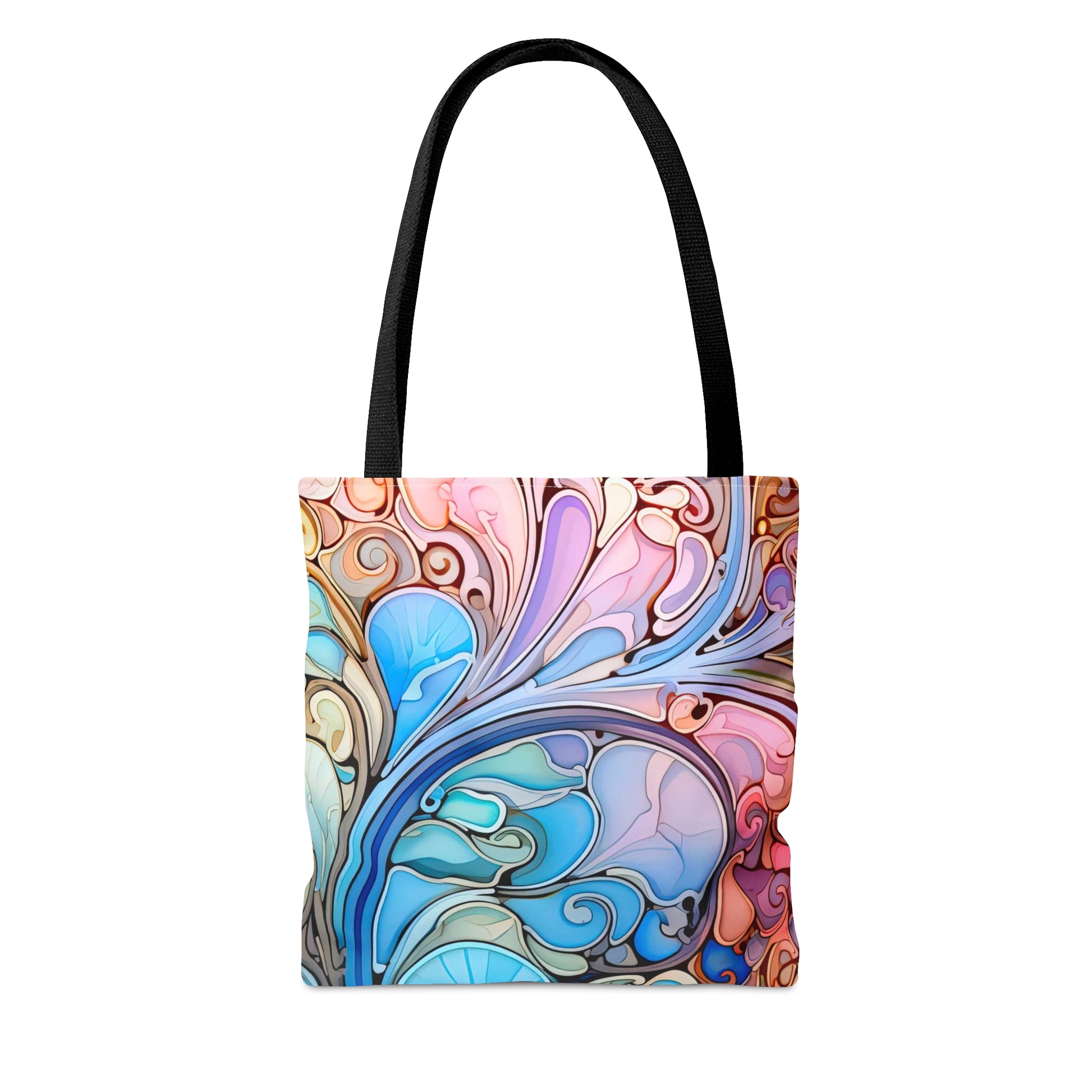 Rainbow Paisley Stained Glass Tote Bag with a black handle, featuring an abstract swirling pattern in shades of blue, pink, and tan—an ideal boho gift. Choose from 3 sizes.