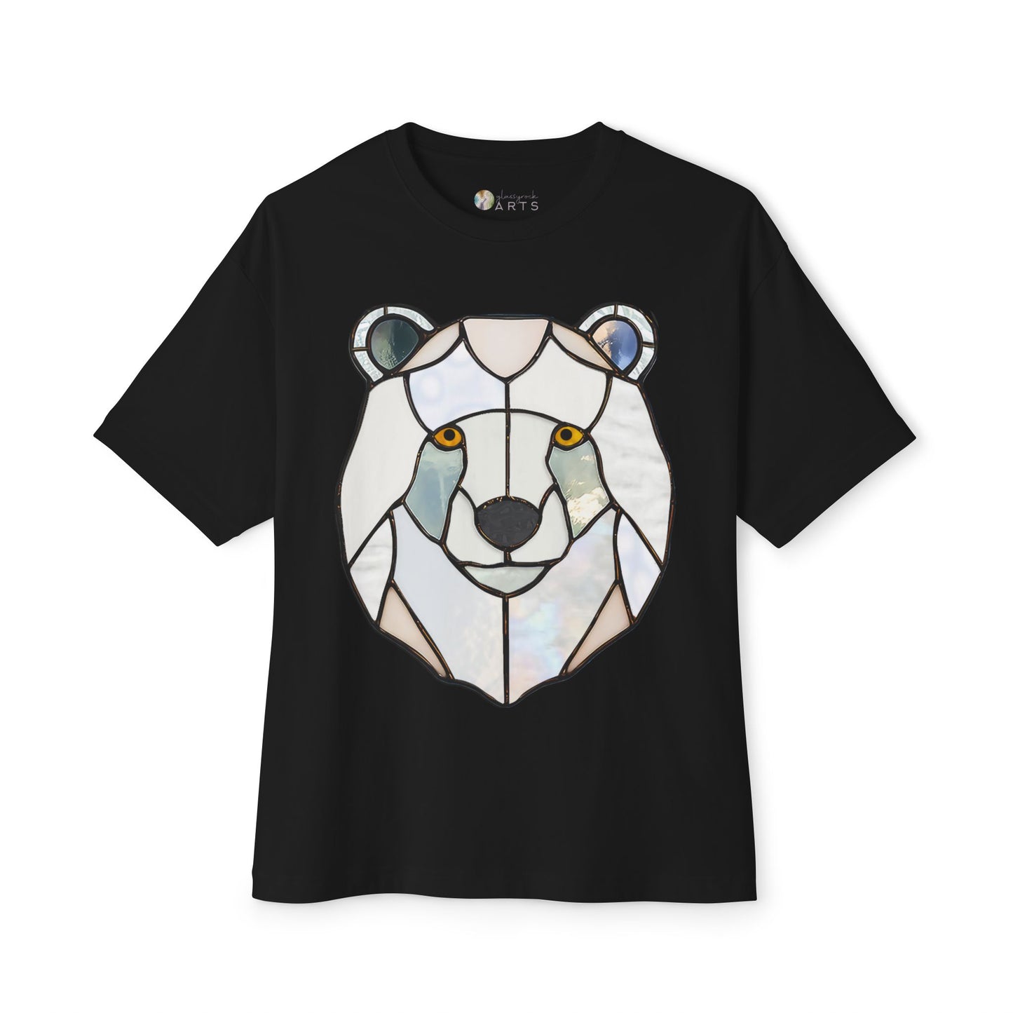 Black Stained Glass Polar Bear Oversized Tee Shirt featuring a graphic of a bear's face designed in a stained glass style with vibrant geometric shapes.