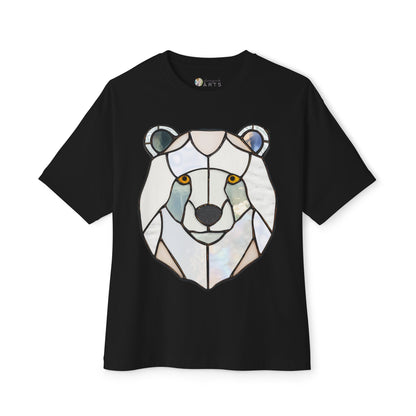 Black Stained Glass Polar Bear Oversized Tee Shirt featuring a graphic of a bear's face designed in a stained glass style with vibrant geometric shapes.