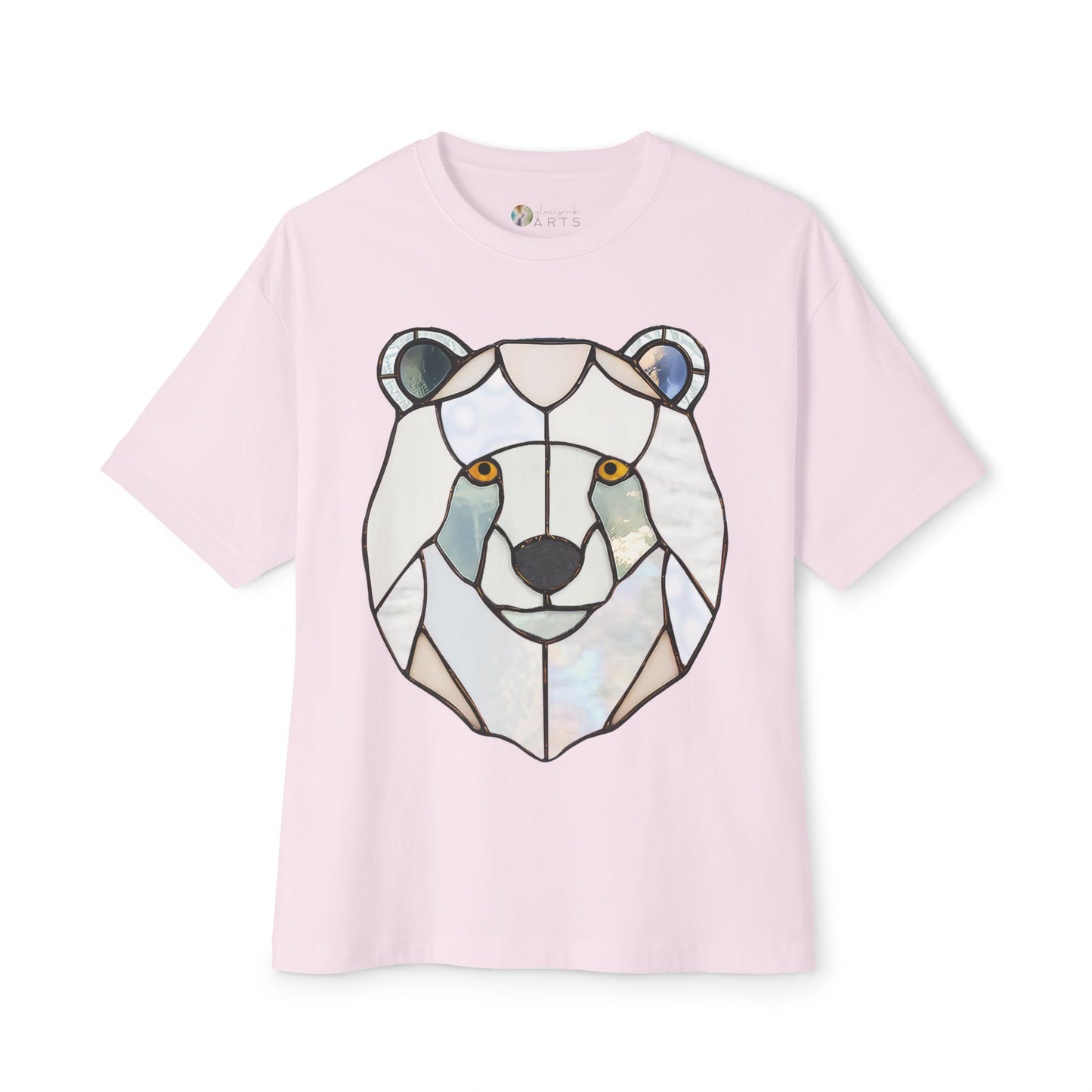 A Stained Glass Polar Bear Oversized Tee Shirt by Bella+Canvas in pink, featuring a stunning stained glass style bear's face on the front. Perfect for those who love sustainable fashion and unique designs.