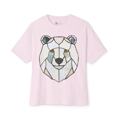 A Stained Glass Polar Bear Oversized Tee Shirt by Bella+Canvas in pink, featuring a stunning stained glass style bear's face on the front. Perfect for those who love sustainable fashion and unique designs.