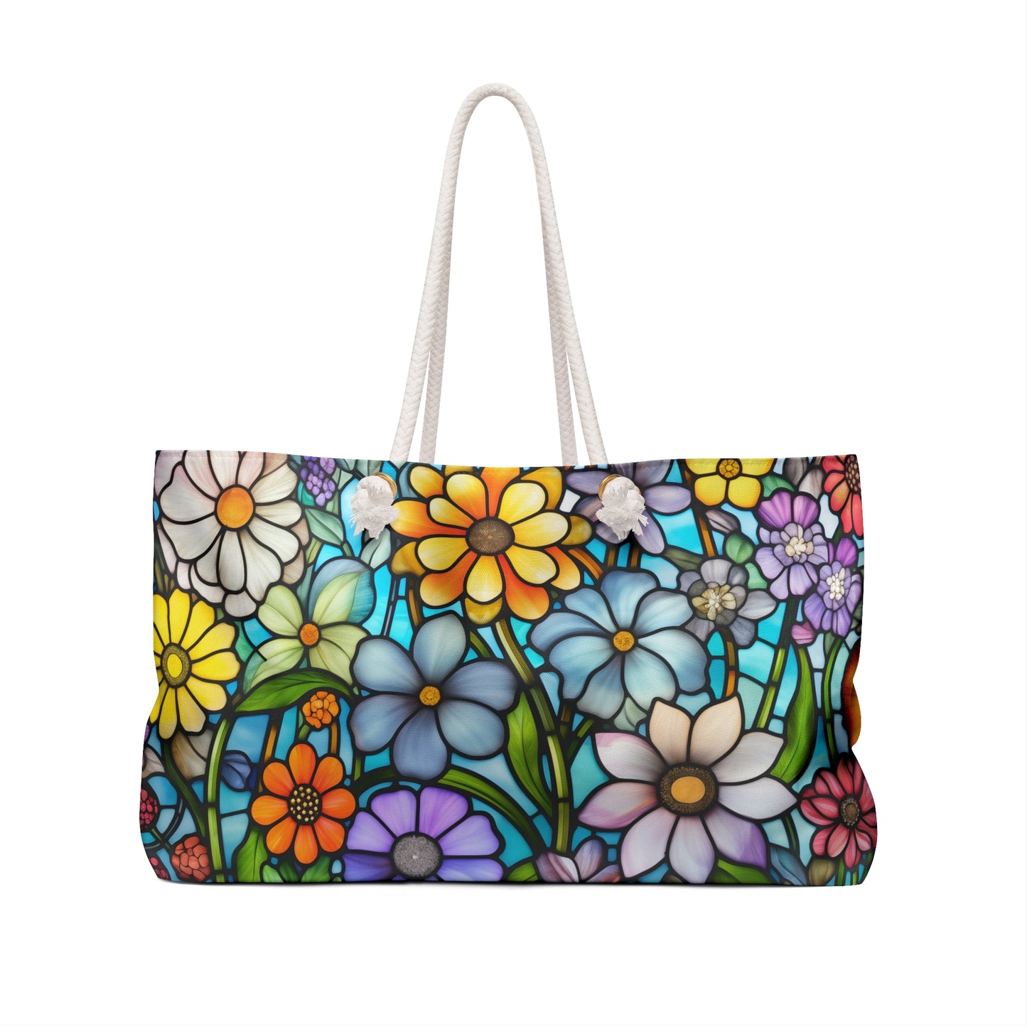 The Stained Glass Folk Art Flowers Oversized Tote Bag features a vibrant floral pattern in blue, yellow, white, orange, and purple on a light blue background. With sturdy white rope handles, it resembles a colorful stained glass gift in its elegant design.