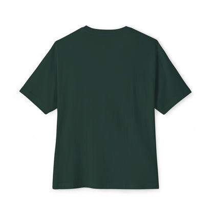 A dark green, short-sleeved Stained Glass Sunflower Oversized Tee Shirt from Bella+Canvas seen from the back, laid flat against a white background.