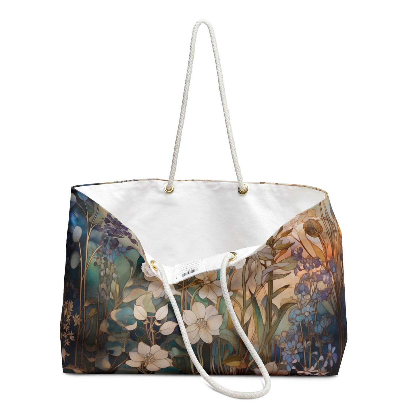 The Stained Glass Midnight Flowers Oversized Tote Bag in navy blue features stained glass flowers in blue, purple, and brown, complemented by elegant white rope handles and a pristine white interior.