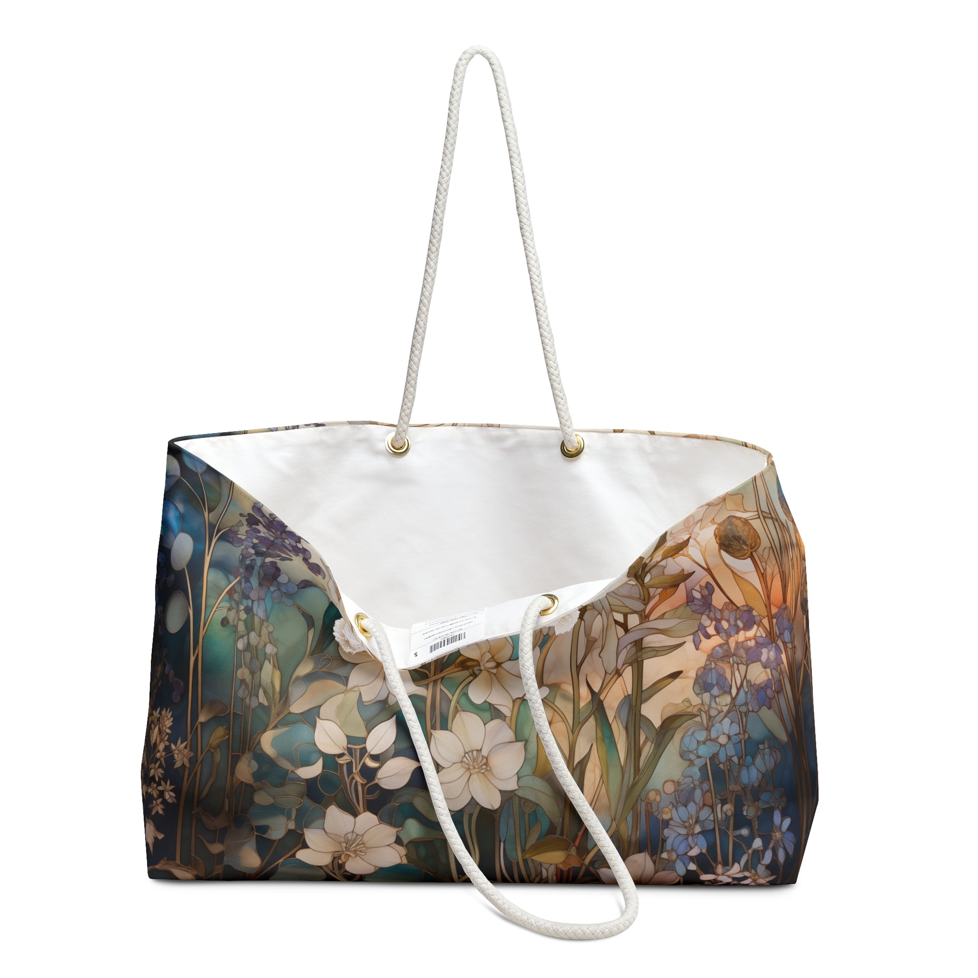 An image of the Stained Glass Midnight Flowers Oversized Tote Bag, Navy Blue,white rope handles, by GlassyRock Arts