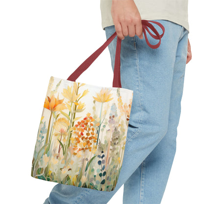 A person in blue jeans holds the vibrant Stained Glass Fall Flowers Tote Bag, featuring an original artist design of colorful flowers. The bags red straps and floral pattern in shades of yellow, orange, and blue enhance its durability, crafted from polyester materials.