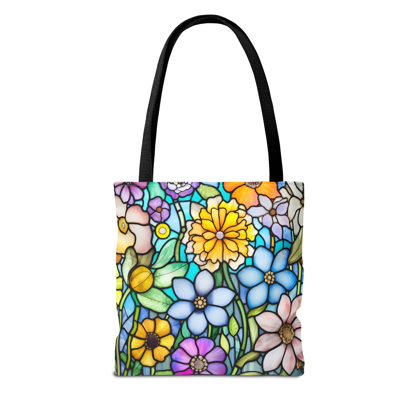 The Stained Glass Folk Art Flowers Tote Bag, available in three sizes, features a colorful stained glass pattern of various flowers and comes with black handles. Crafted from durable polyester materials, this vibrant accessory is enhanced by an original artist design for an exclusive touch.