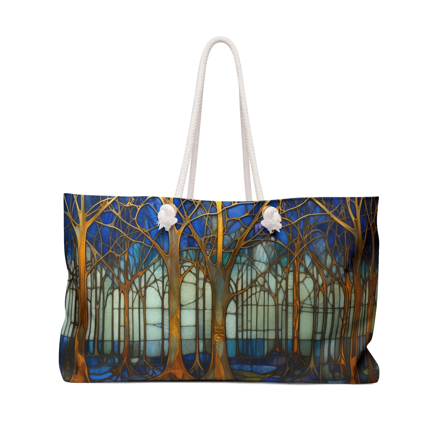 An image of the Stained Glass Art Deco Forest Oversized Tote Bag, Blue,white rope handles, by GlassyRock Arts