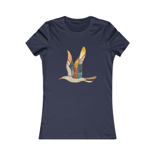 Navy blue Stained Glass Seagull Women's Tee Shirt, featuring a graphic design of a bird with multi-colored wings in flight on the front, inspired by a stained glass design.