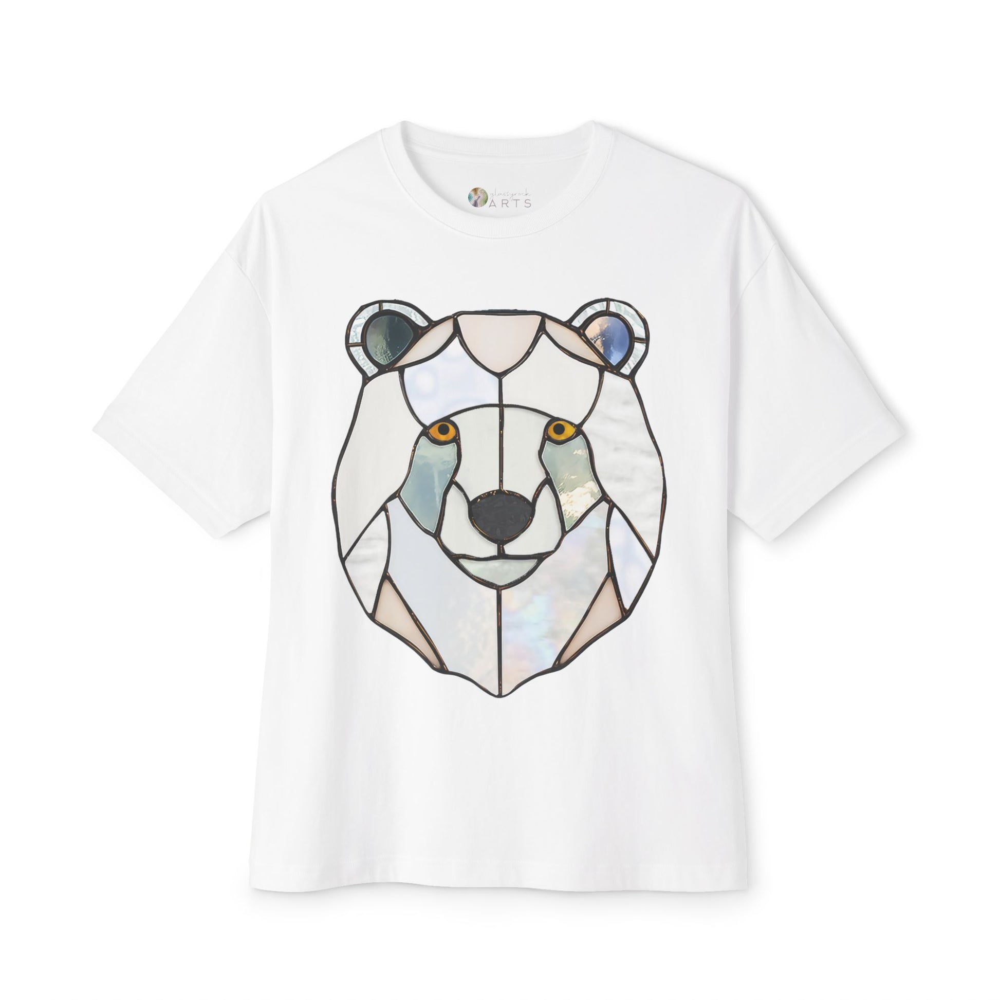 A Bella+Canvas oversized tee named "Stained Glass Polar Bear Oversized Tee Shirt" featuring a geometric bear head design in various shades of white and gray.