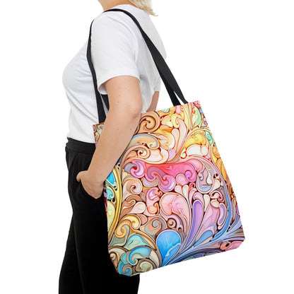 A person stands with the Rainbow Paisley Stained Glass Tote Bag over their shoulder, adding an artistic touch to their outfit that features a white shirt and black pants. The tote bag's colorful, abstract pattern resembles a stained glass gift, enhancing their overall look.