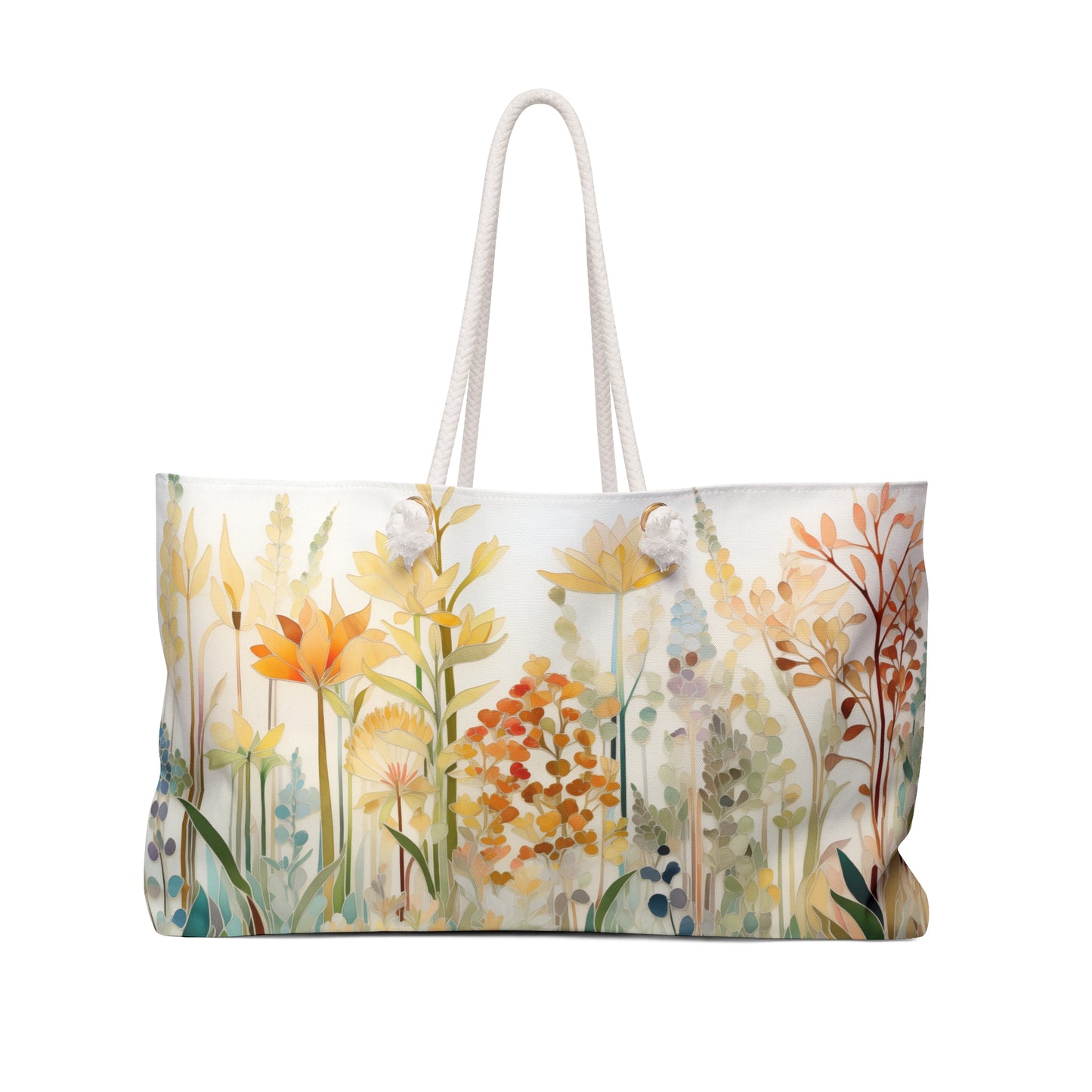 The Stained Glass Fall Flowers Oversized Tote Bag features a floral design with yellow, orange, and green flowers on a soft gradient background. The rope handles add elegance, making it an ideal choice for those who love the charm of stained glass gifts.