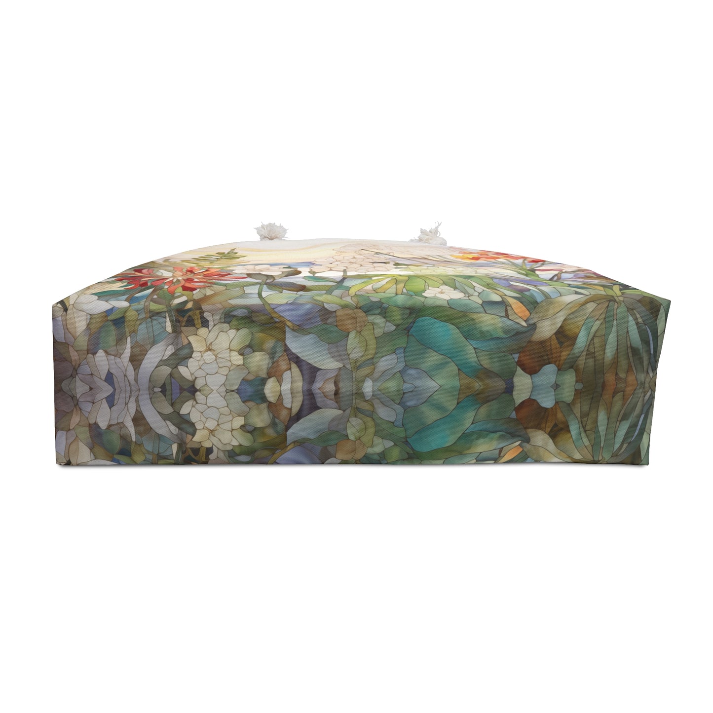 An image of the Stained Glass Wildflowers Oversized Tote Bag,white rope handles, by GlassyRock Arts