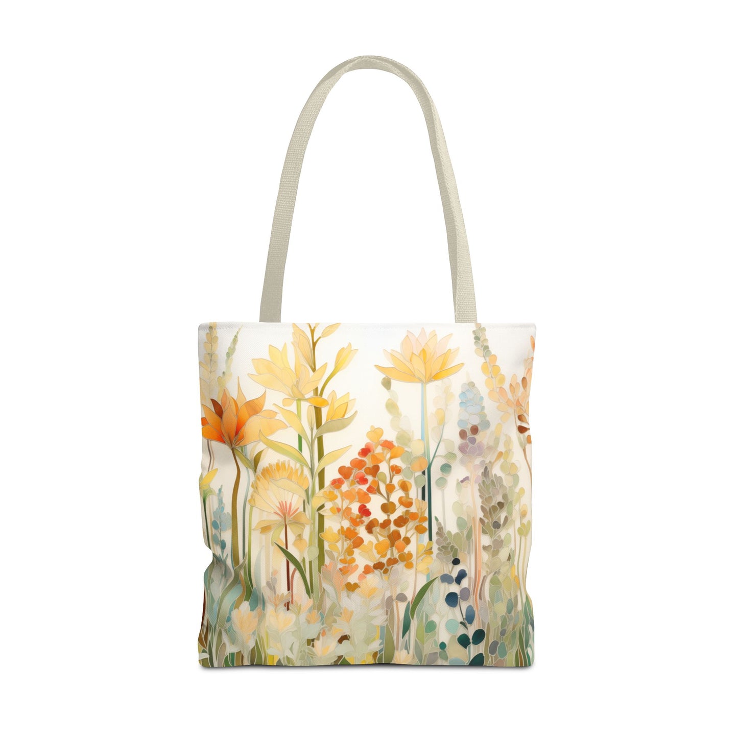 The Stained Glass Fall Flowers Tote Bag features a unique artist design with vibrant yellow, orange, and green flowers on a light backdrop. Made from durable polyester, this artistic tote is both striking and long-lasting. Available in 3 sizes.