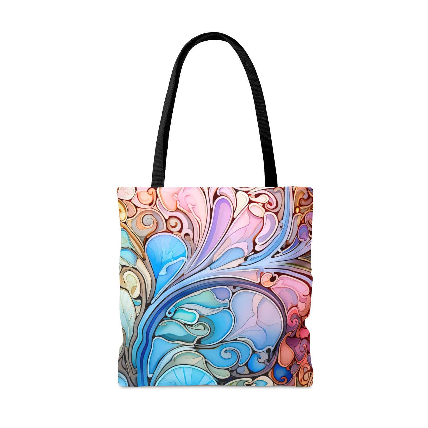 Introducing the Rainbow Paisley Stained Glass Tote Bag, available in three sizes. This bag features an intricate, colorful abstract design with swirls of blue, pink, purple, and beige hues reminiscent of stained glass art. It is completed with sturdy black handles.