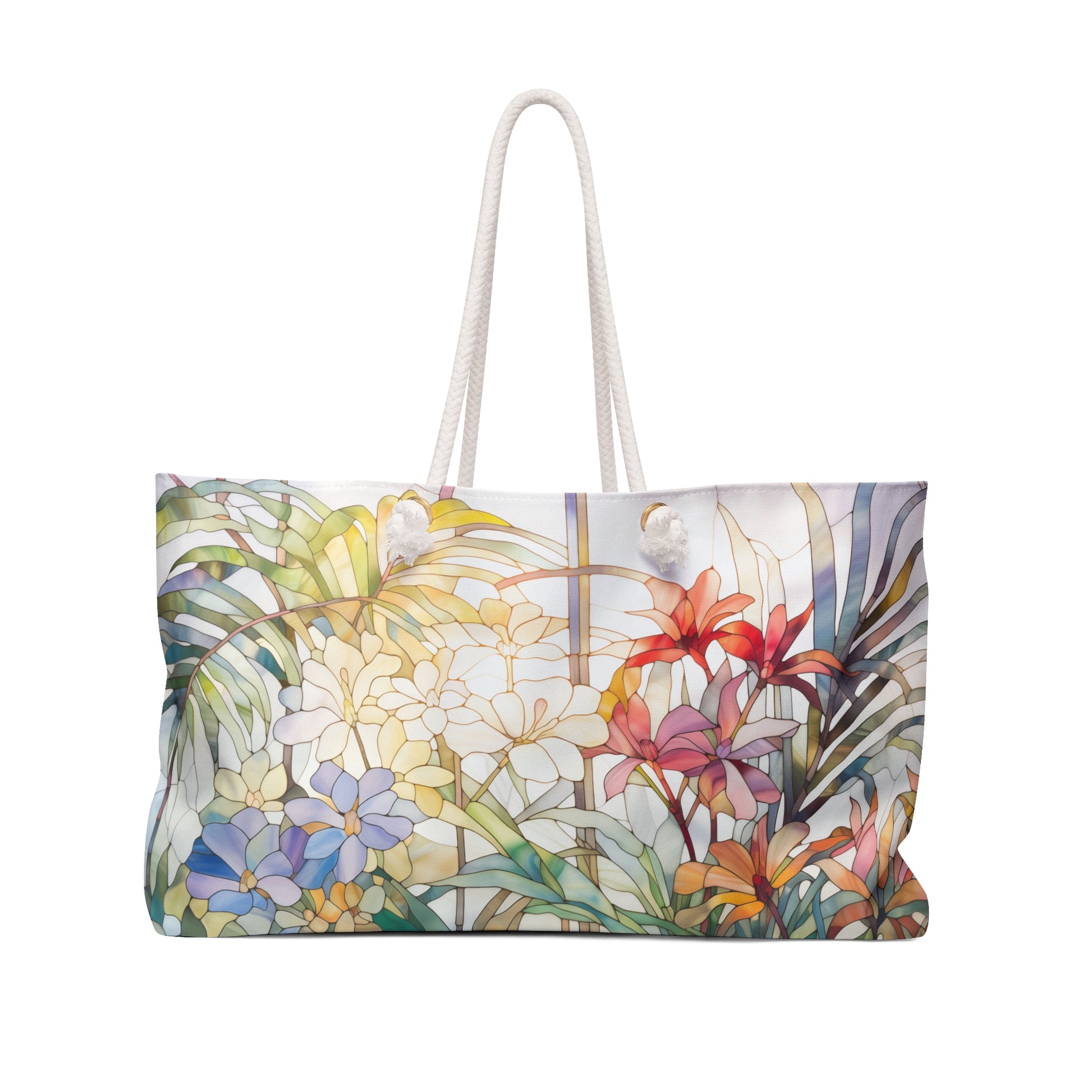 The Stained Glass Tropical Flowers Oversized Tote Bag features rope handles and a stained glass-style design of multicolored flowers with green leaves on a soft background, making it an ideal gift.