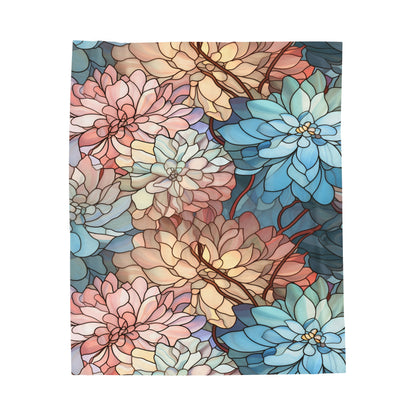 The Stained Glass Flowers Soft Plush Blanket features an intricate floral pattern with overlapping pastel blue, pink, and beige flowers. Dark outlines define the petals for a stained glass look, offering a plush velveteen touch for a custom feel.