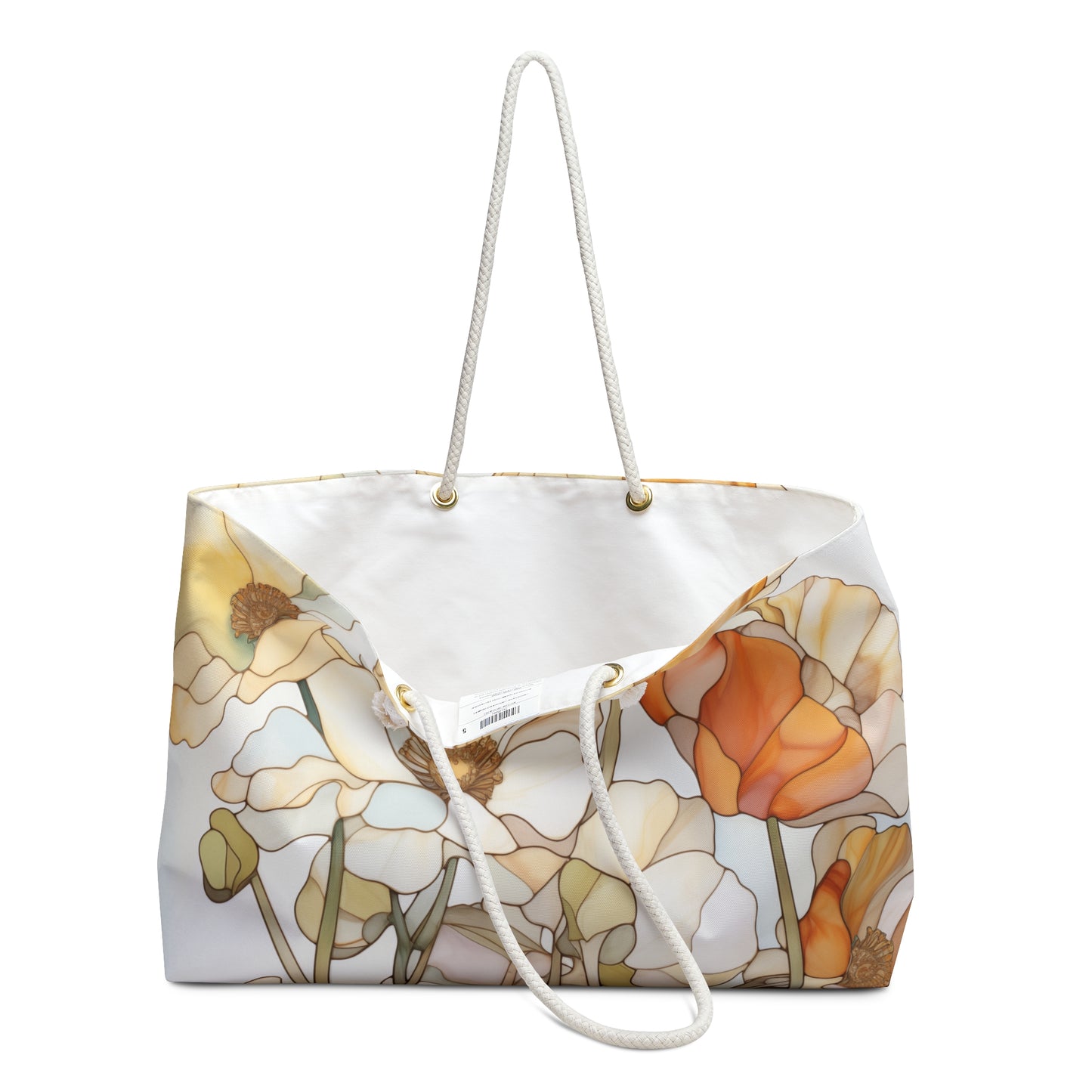 The Stained Glass Poppy Flowers Oversized Tote Bag features a floral design resembling stained glass poppies in orange, yellow, and white on a white background. With white rope handles, the bag is open to reveal its spacious interior.