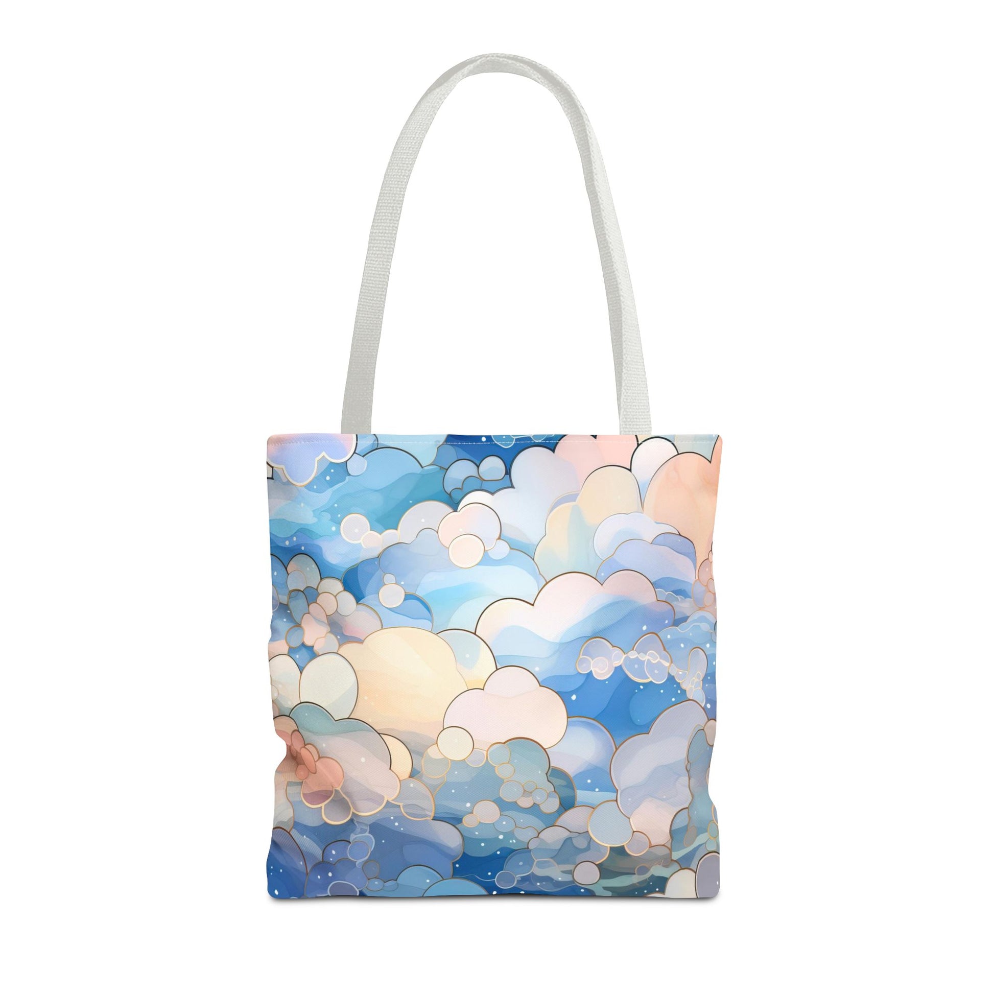 The Stained Glass Clouds Tote Bag in blue, available in 3 sizes, showcases an abstract cloud design in shades of blue, white, and pastels on durable polyester.