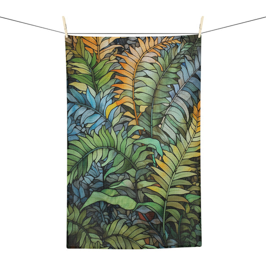 Stained Glass Ferns Kitchen Tea Towel - 16x25" Soft Waffle Towel