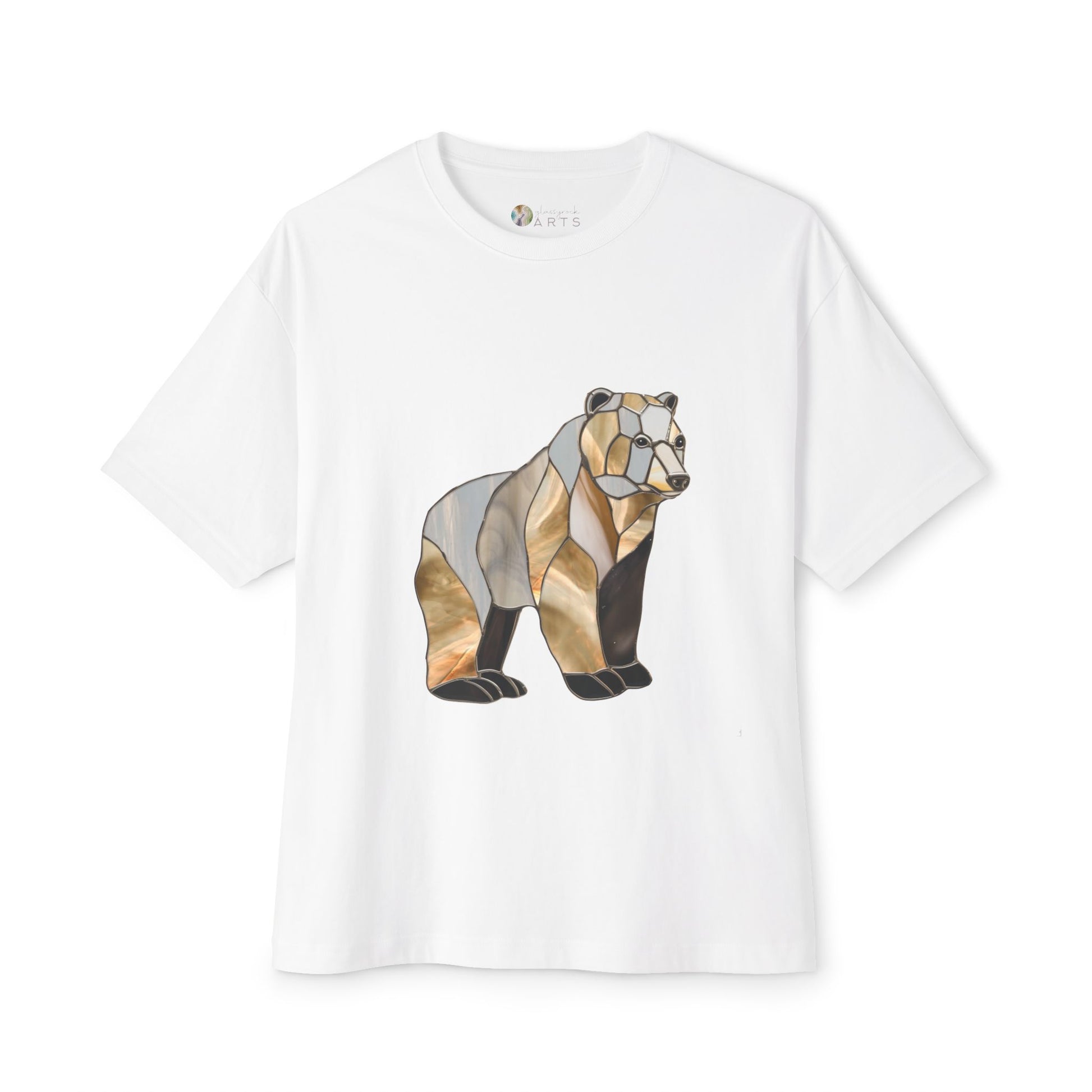 The Stained Glass Grizzly Bear Oversized Tee Shirt features a geometric-style bear graphic on the front and is crafted as part of our sustainable clothing line.