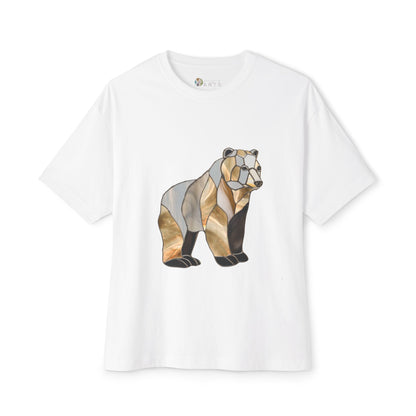 The Stained Glass Grizzly Bear Oversized Tee Shirt features a geometric-style bear graphic on the front and is crafted as part of our sustainable clothing line.