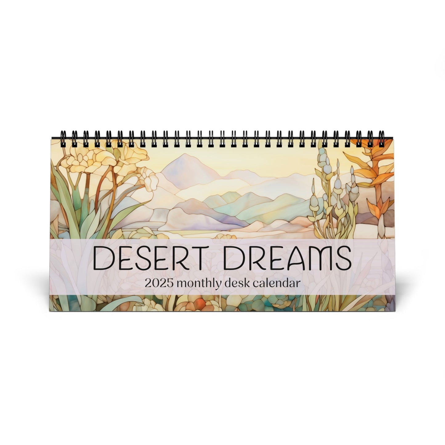 The 2025 Desk Calendar - Desert Landscapes is spiral-bound and features an illustrated desert landscape with vibrant desert flowers on the cover. Crafted with high-quality paper stock, it ensures durability and a premium feel.