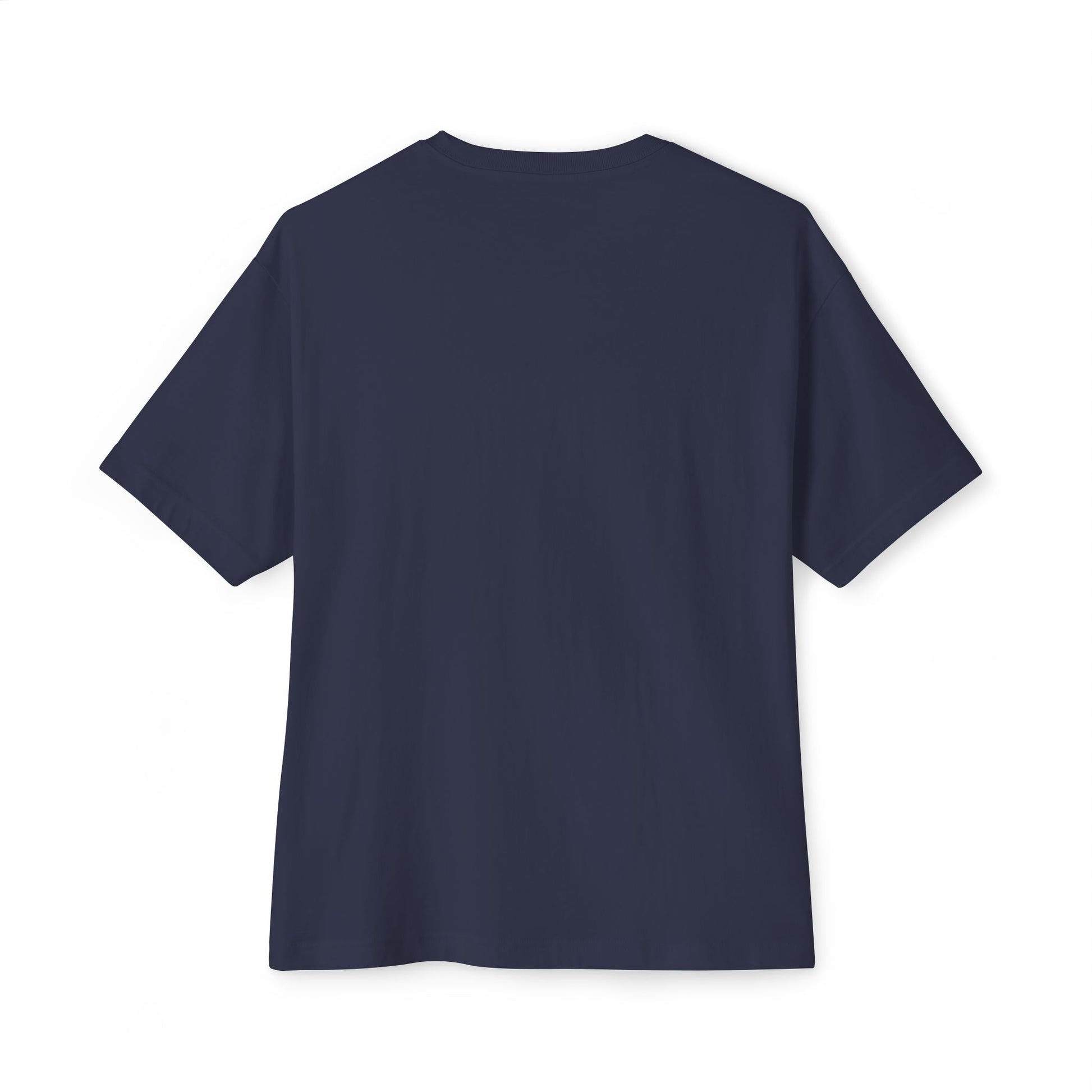 A plain navy blue short-sleeved t-shirt is shown on a white background, viewed from the back. This Bella+Canvas unisex "Stained Glass Sunflower Oversized Tee Shirt" exemplifies understated style and comfort.