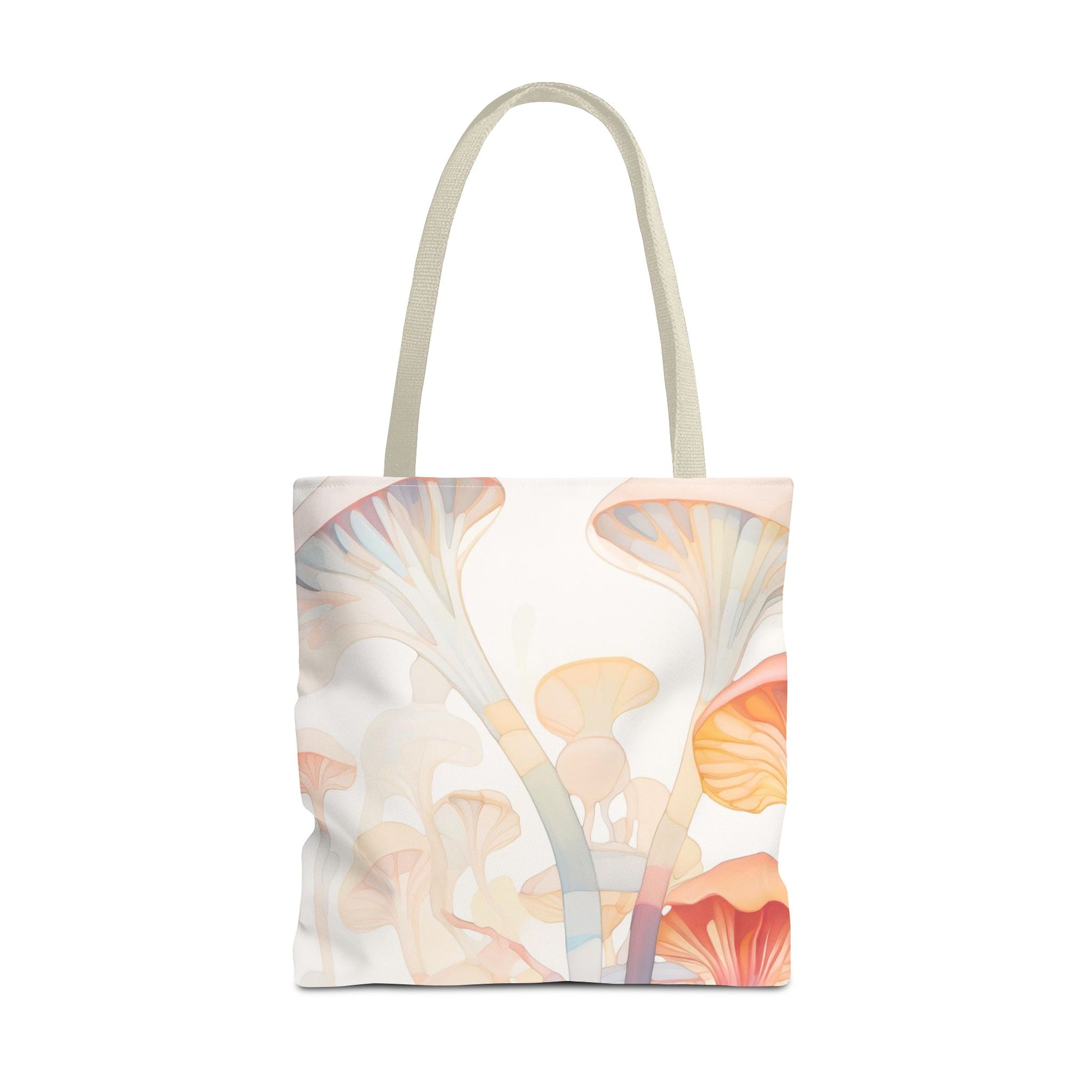 The Groovy Rainbow Mushrooms Stained Glass Tote Bag features abstract mushrooms in pastel orange and blue on white polyester, with light beige straps. Available in 3 sizes.